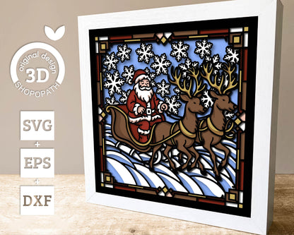 Santa with Reindeer Sleigh Stained Glass - 3D Shadow Box Layered SVG DXF EPS (Cutting Files)