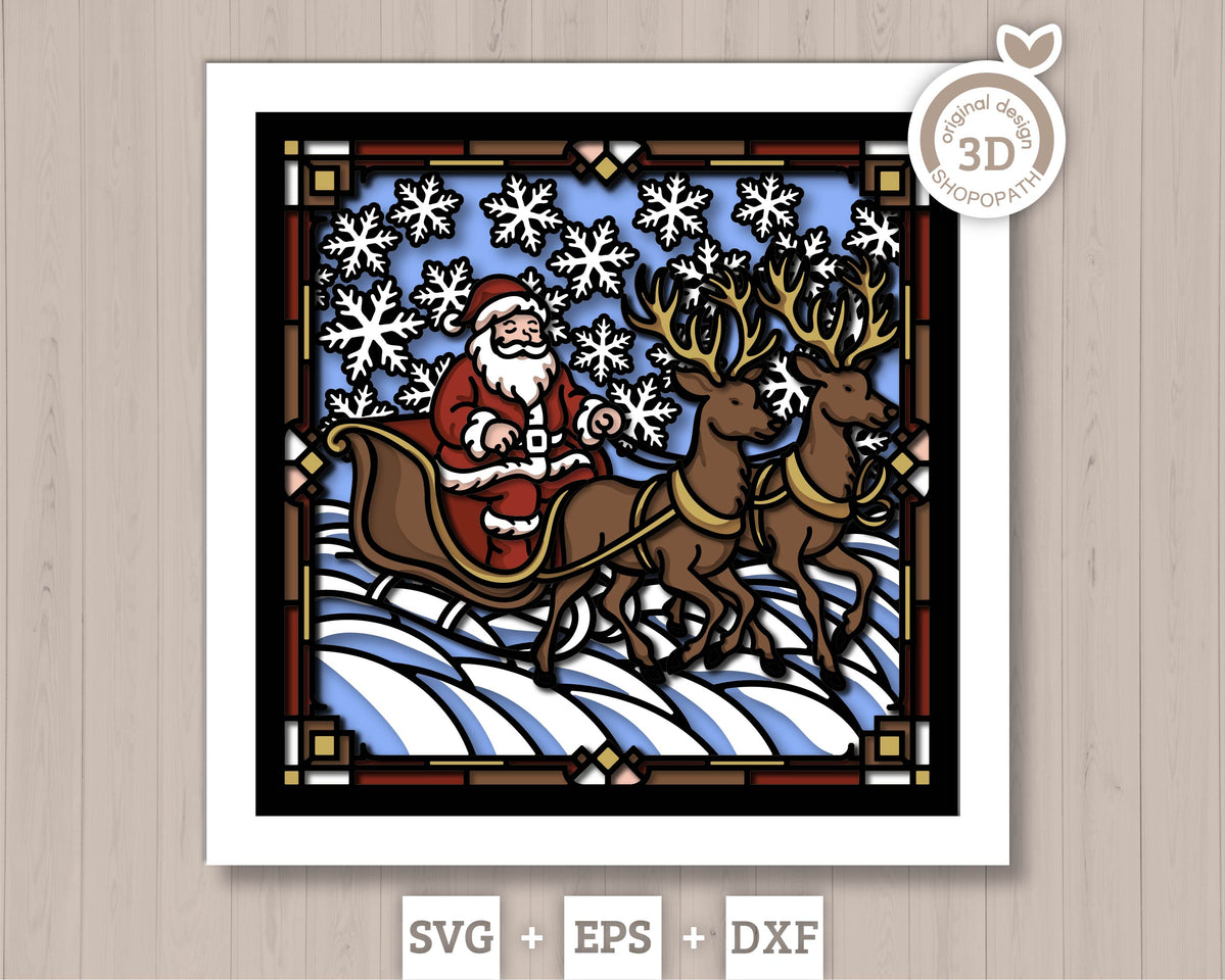 Santa with Reindeer Sleigh Stained Glass - 3D Shadow Box Layered SVG DXF EPS (Cutting Files)