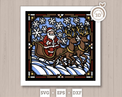 Santa with Reindeer Sleigh Stained Glass - 3D Shadow Box Layered SVG DXF EPS (Cutting Files)
