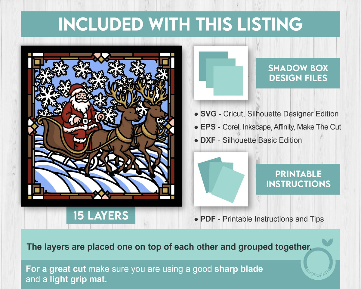 Santa with Reindeer Sleigh Stained Glass - 3D Shadow Box Layered SVG DXF EPS (Cutting Files)