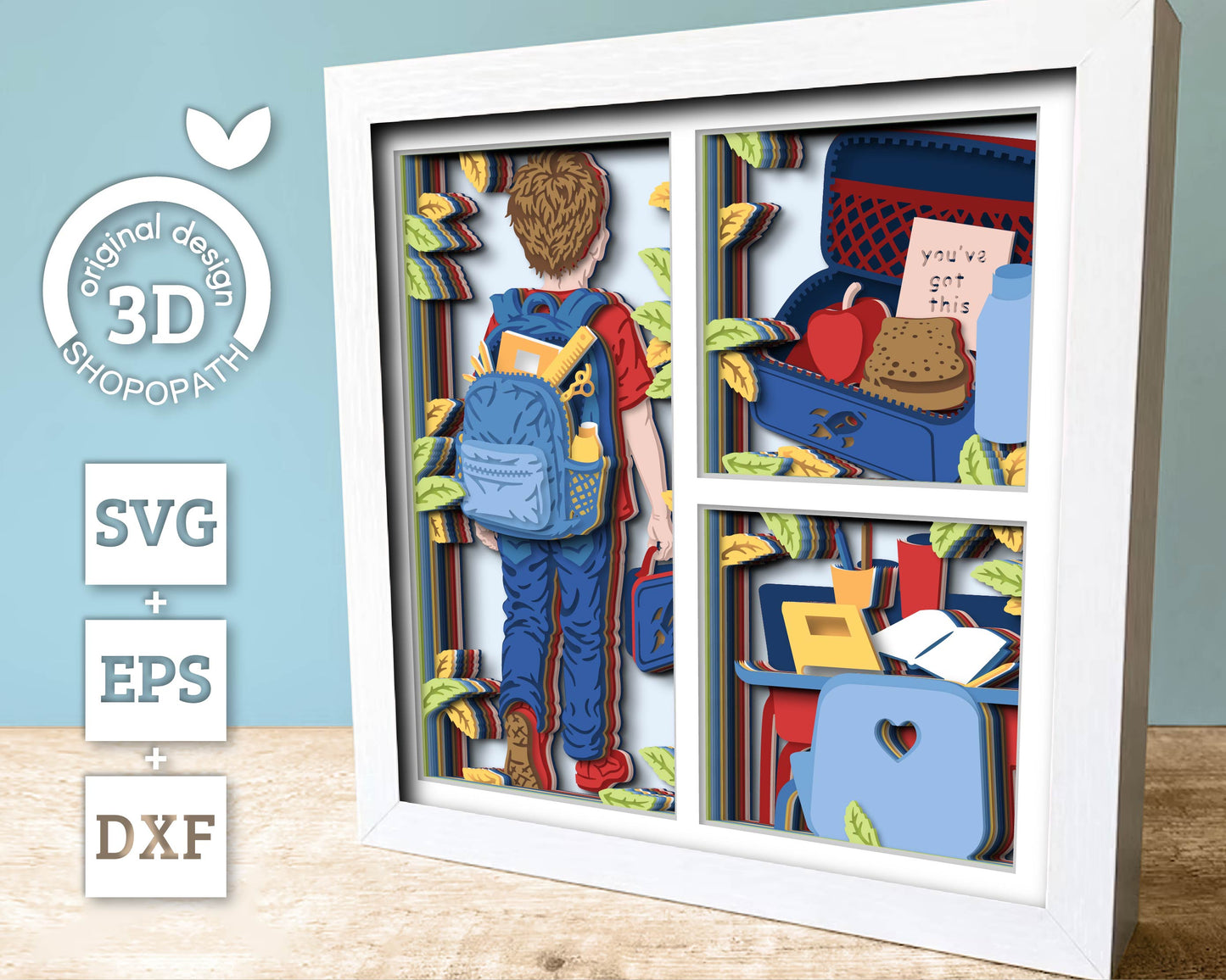 School Boy with Lunch Box - 3D Shadow Box Layered SVG DXF EPS (Cutting Files)