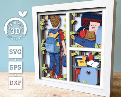 School Boy with Lunch Box - 3D Shadow Box Layered SVG DXF EPS (Cutting Files)