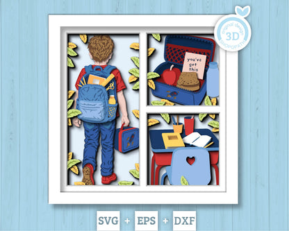 School Boy with Lunch Box - 3D Shadow Box Layered SVG DXF EPS (Cutting Files)