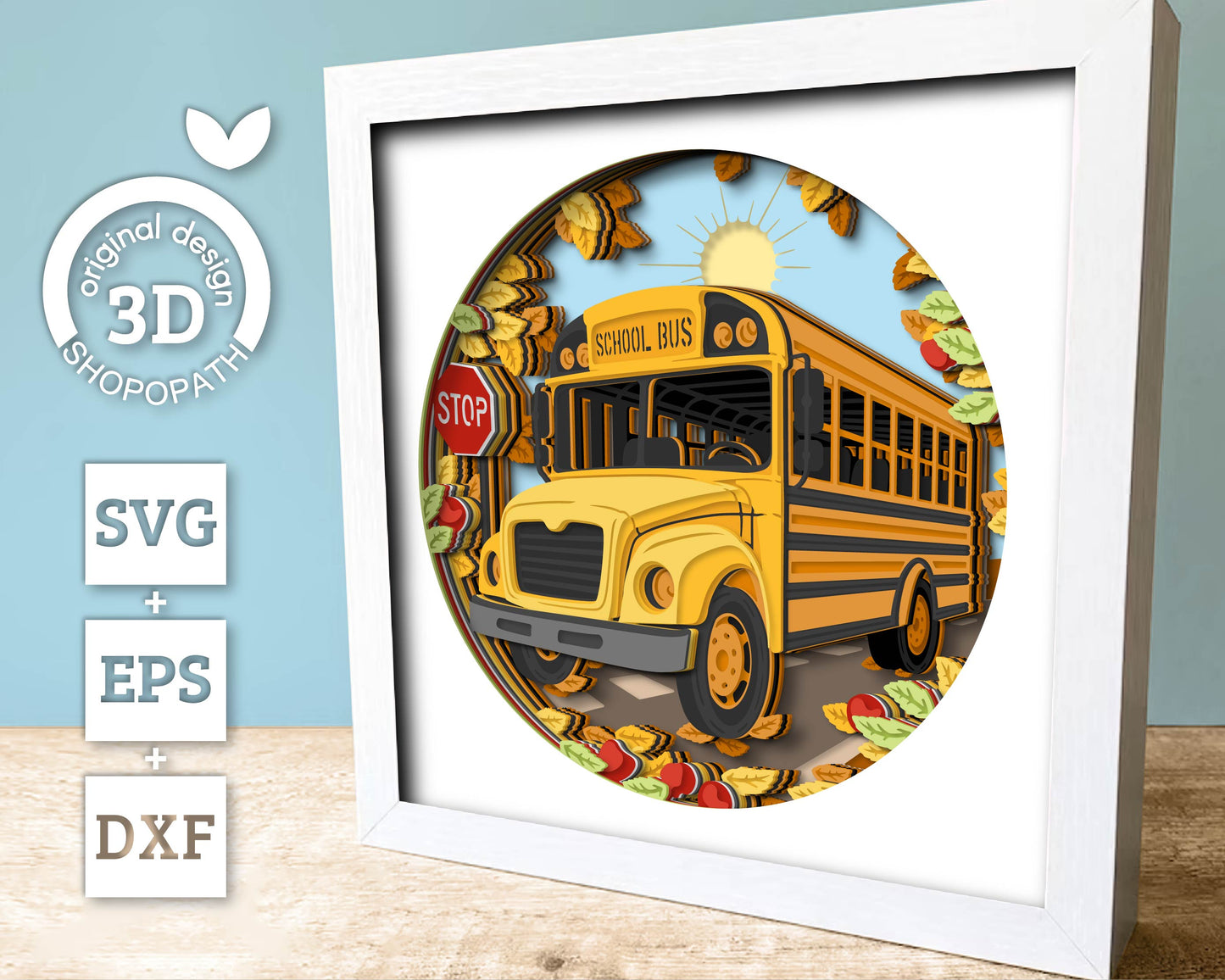 School Bus with Apples and Fall Leaves - 3D Shadow Box Layered SVG DXF EPS (Cutting Files)