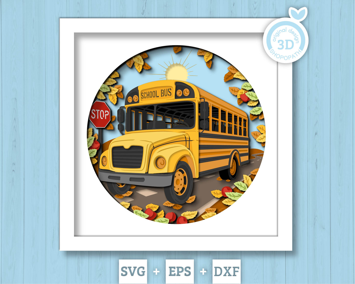 School Bus with Apples and Fall Leaves - 3D Shadow Box Layered SVG DXF EPS (Cutting Files)
