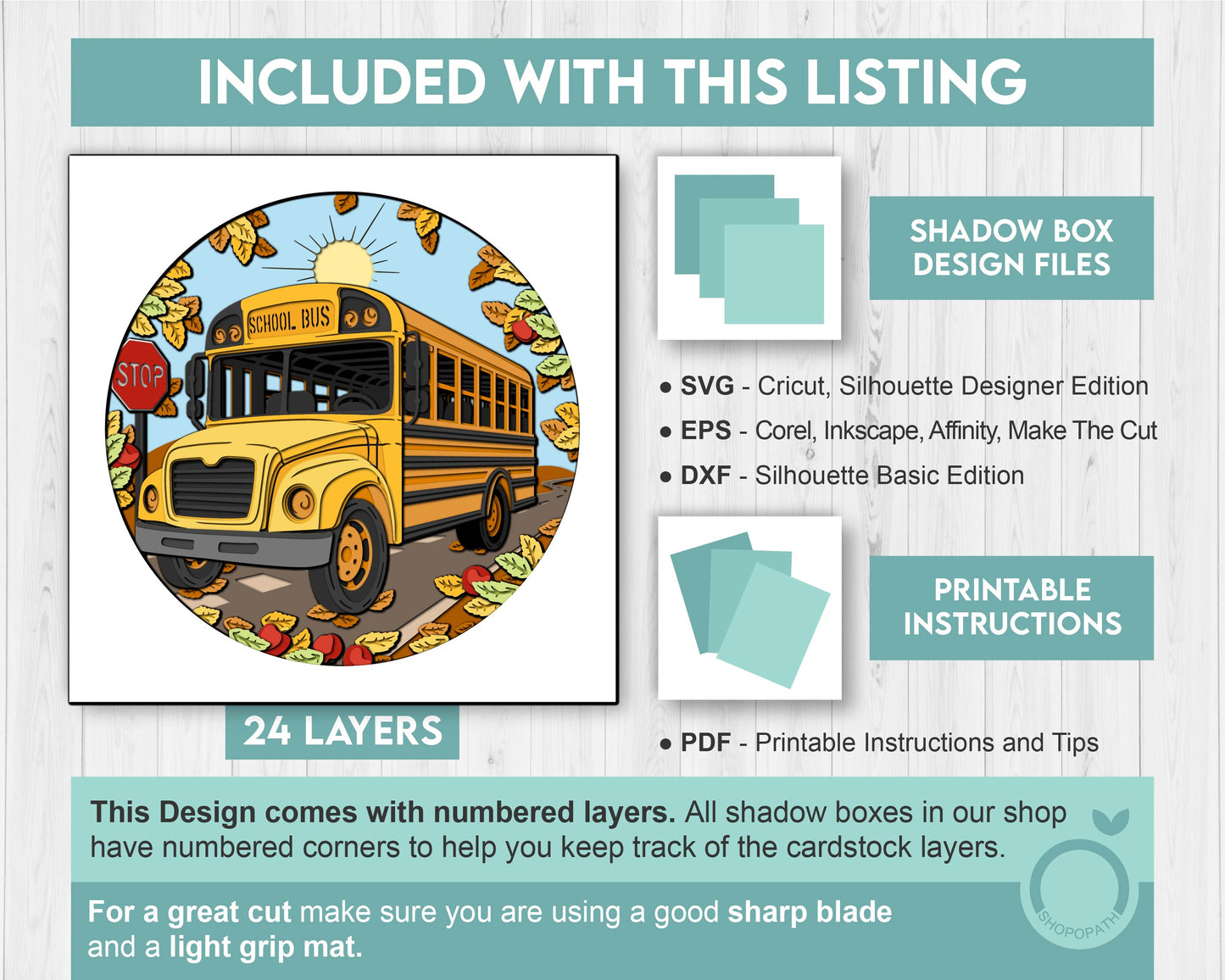 School Bus with Apples and Fall Leaves - 3D Shadow Box Layered SVG DXF EPS (Cutting Files)