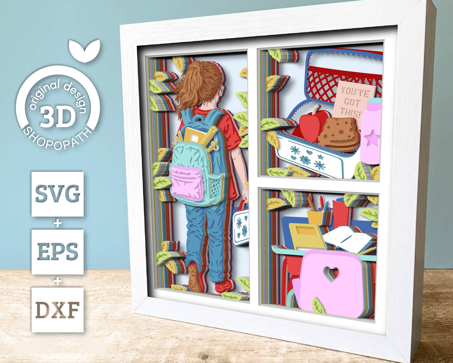 School Girl with Lunch Box - 3D Shadow Box Layered SVG DXF EPS (Cutting Files)