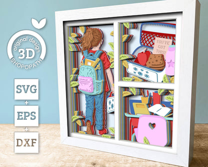 School Girl with Lunch Box - 3D Shadow Box Layered SVG DXF EPS (Cutting Files)