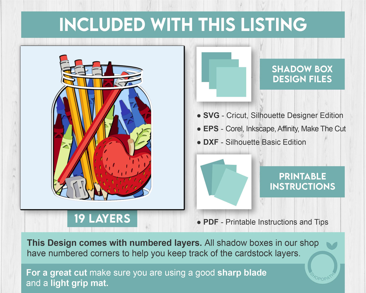 School Supplies in Jar - 3D Shadow Box Layered SVG DXF EPS (Cutting Files)