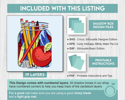 School Supplies in Jar - 3D Shadow Box Layered SVG DXF EPS (Cutting Files)