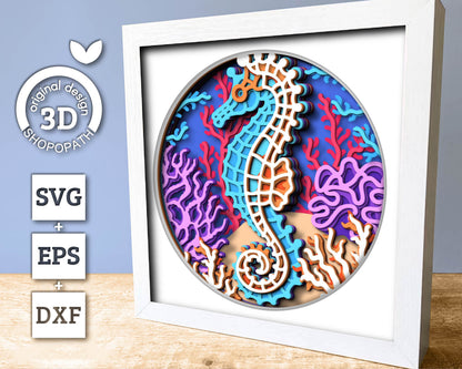 3D Sea Shadow Box SVG, 3D Seahorse Shadow Box, 3D Seahorse SVG, Coral Reef 3D Svg, Sea Creatures 3d Svg, Nautical svg, Cricut Silhouette