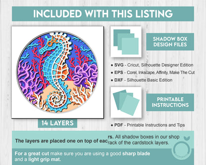 3D Sea Shadow Box SVG, 3D Seahorse Shadow Box, 3D Seahorse SVG, Coral Reef 3D Svg, Sea Creatures 3d Svg, Nautical svg, Cricut Silhouette