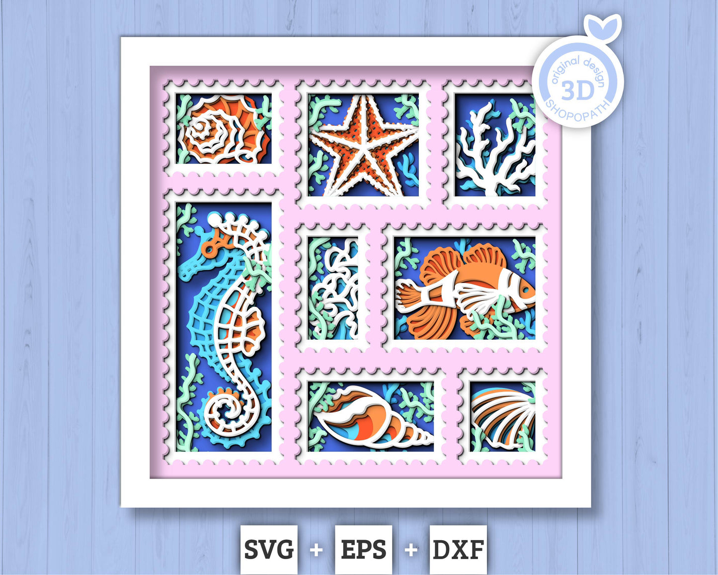 Sea Creatures Aquarium Stamps - 3D Shadow Box Layered SVG DXF EPS (Cutting Files)
