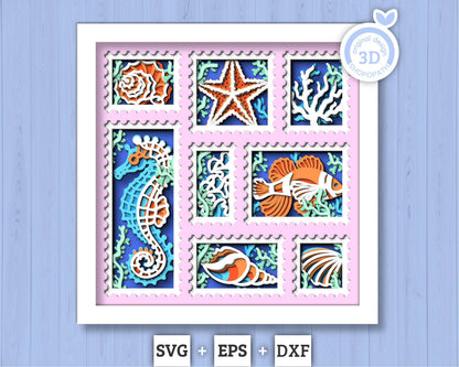 Sea Creatures Aquarium Stamps - 3D Shadow Box Layered SVG DXF EPS (Cutting Files)