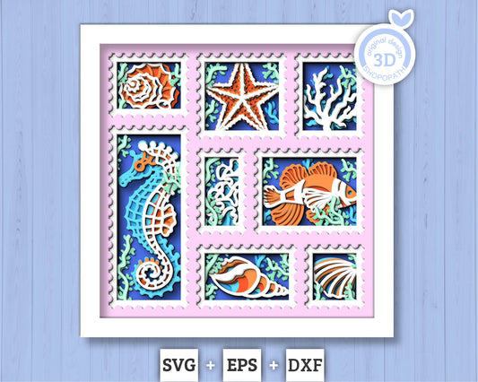 Sea Creatures Aquarium Stamps - 3D Shadow Box Layered SVG DXF EPS (Cutting Files)