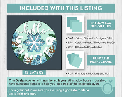 3D Layered Winter SVG EPS, Winter Shadow Box, Snowflake 3D Svg, Christmas Trees 3d Svg, Hello Snowman Papercut svg, Cricut Silhouette