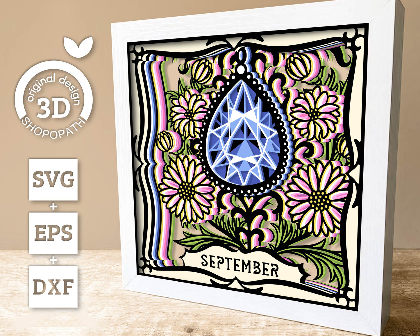 September Shadow Box 3D SVG Birth Month Saphire Gemstone with Aster Flowers, Tattoo Style, Cricut Silhouette With DXF Layered Cutting Files