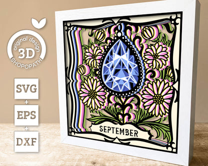 September Shadow Box 3D SVG Birth Month Saphire Gemstone with Aster Flowers, Tattoo Style, Cricut Silhouette With DXF Layered Cutting Files