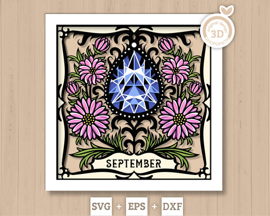 September Shadow Box 3D SVG Birth Month Saphire Gemstone with Aster Flowers, Tattoo Style, Cricut Silhouette With DXF Layered Cutting Files