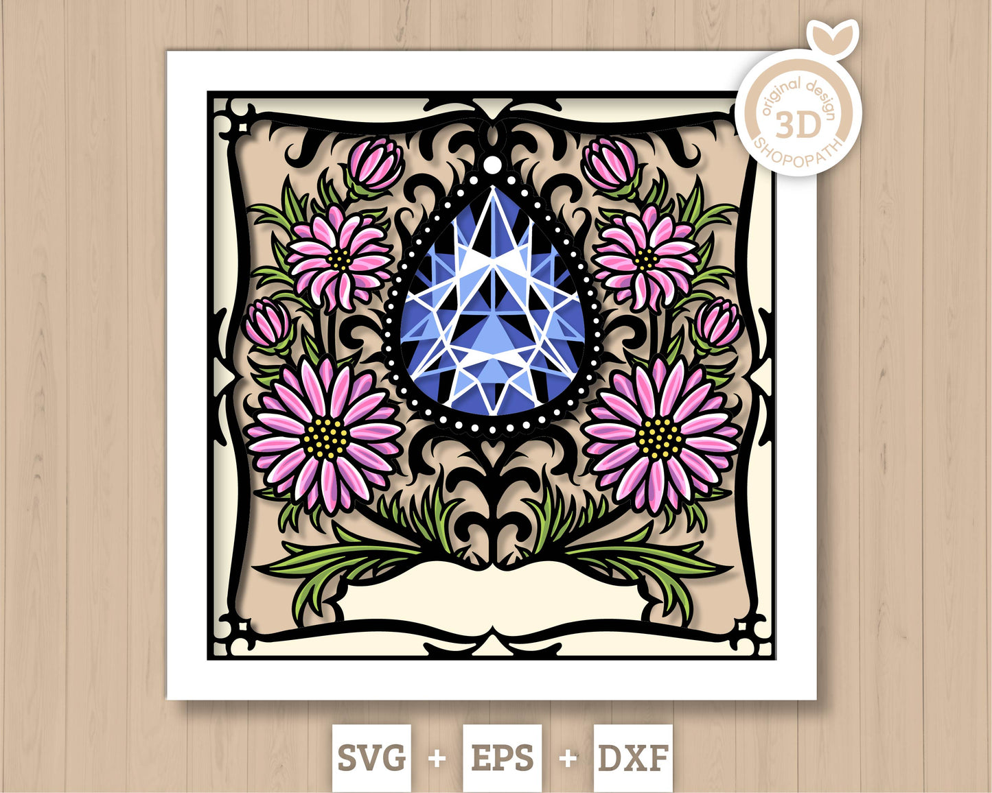September Shadow Box 3D SVG Birth Month Saphire Gemstone with Aster Flowers, Tattoo Style, Cricut Silhouette With DXF Layered Cutting Files