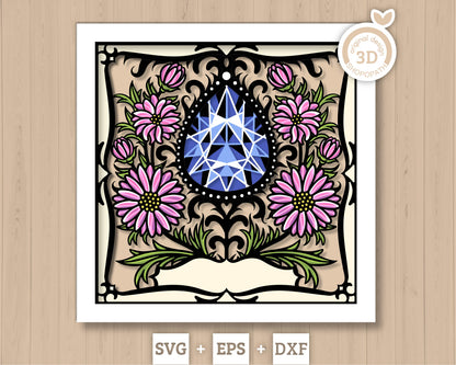September Shadow Box 3D SVG Birth Month Saphire Gemstone with Aster Flowers, Tattoo Style, Cricut Silhouette With DXF Layered Cutting Files