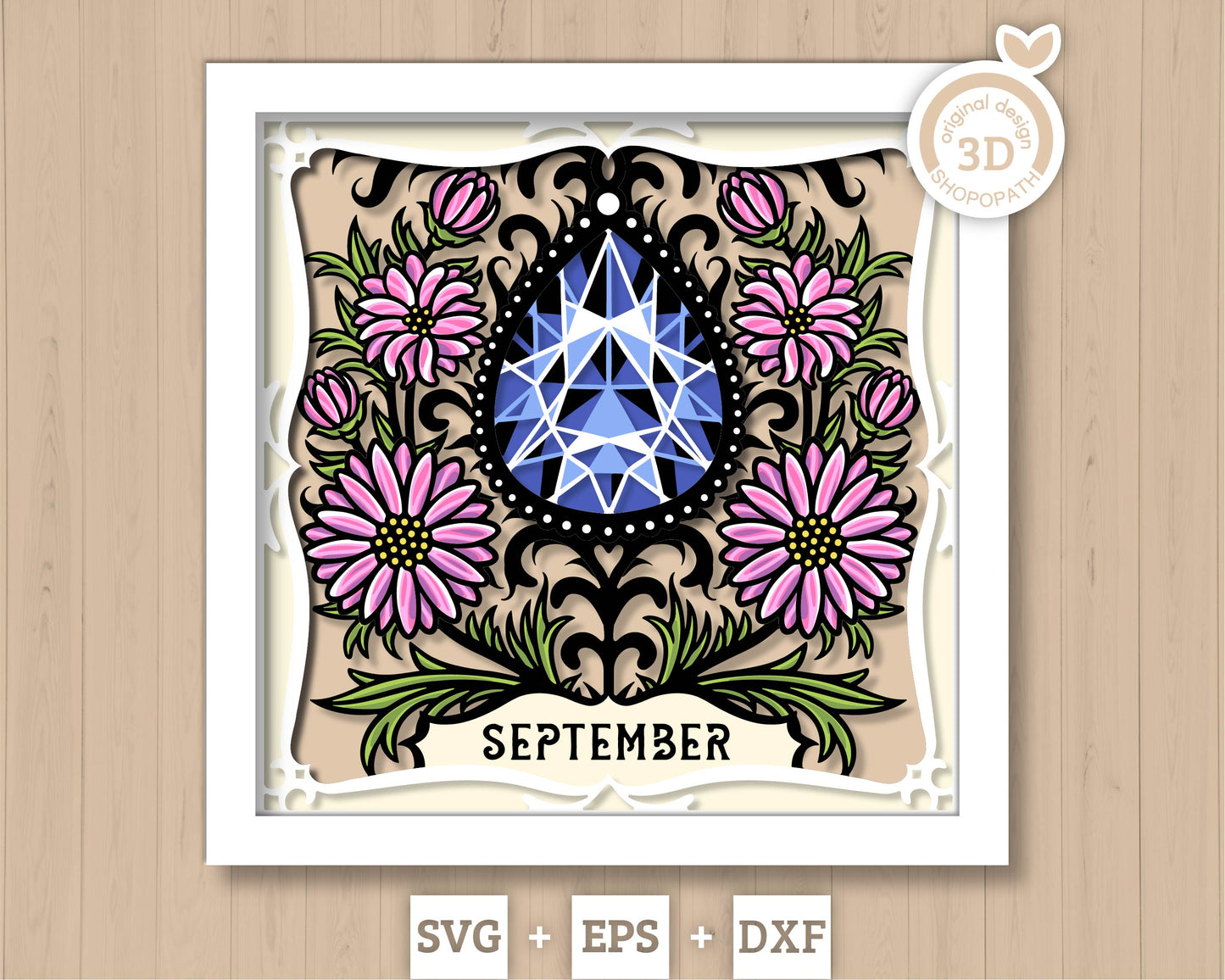 September Shadow Box 3D SVG Birth Month Saphire Gemstone with Aster Flowers, Tattoo Style, Cricut Silhouette With DXF Layered Cutting Files