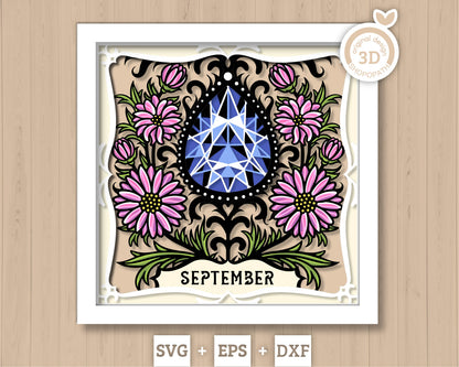 September Shadow Box 3D SVG Birth Month Saphire Gemstone with Aster Flowers, Tattoo Style, Cricut Silhouette With DXF Layered Cutting Files