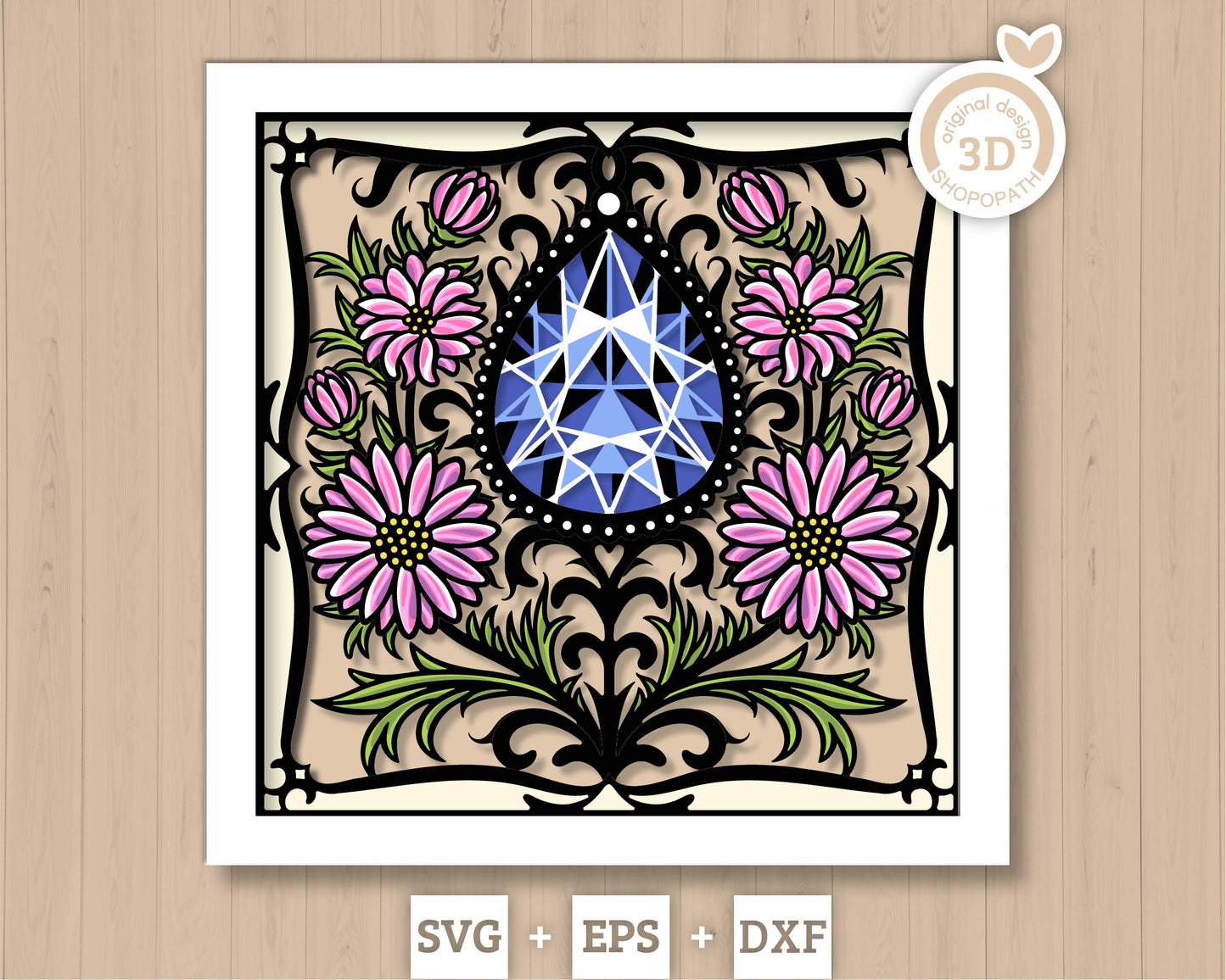 September Shadow Box 3D SVG Birth Month Saphire Gemstone with Aster Flowers, Tattoo Style, Cricut Silhouette With DXF Layered Cutting Files