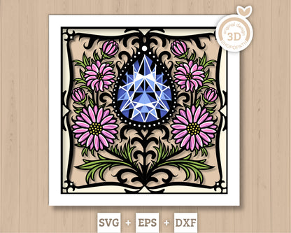 September Shadow Box 3D SVG Birth Month Saphire Gemstone with Aster Flowers, Tattoo Style, Cricut Silhouette With DXF Layered Cutting Files