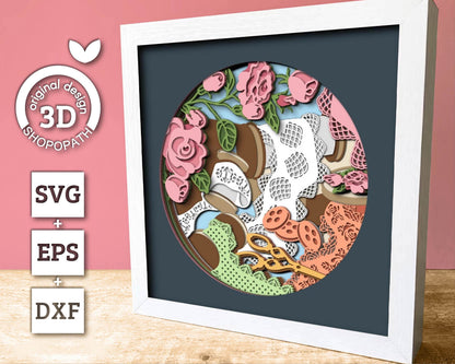Lace Sewing with Roses - 3D Shadow Box Layered SVG DXF EPS (Cutting Files)