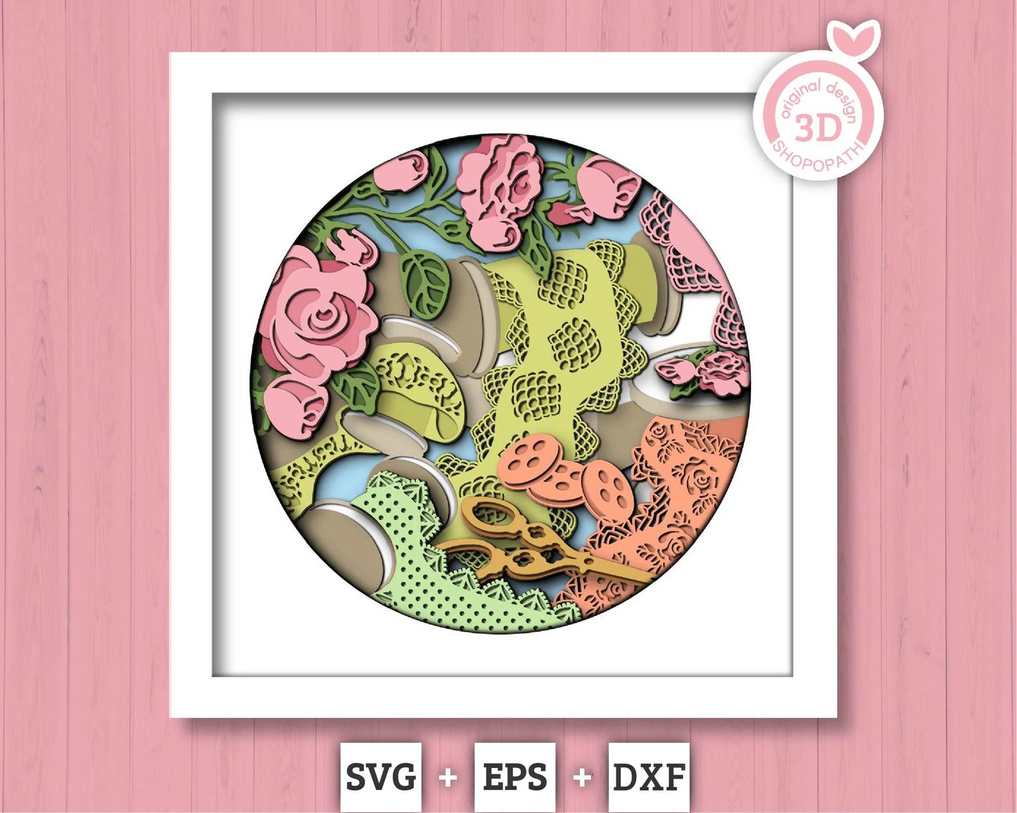 Lace Sewing with Roses - 3D Shadow Box Layered SVG DXF EPS (Cutting Files)