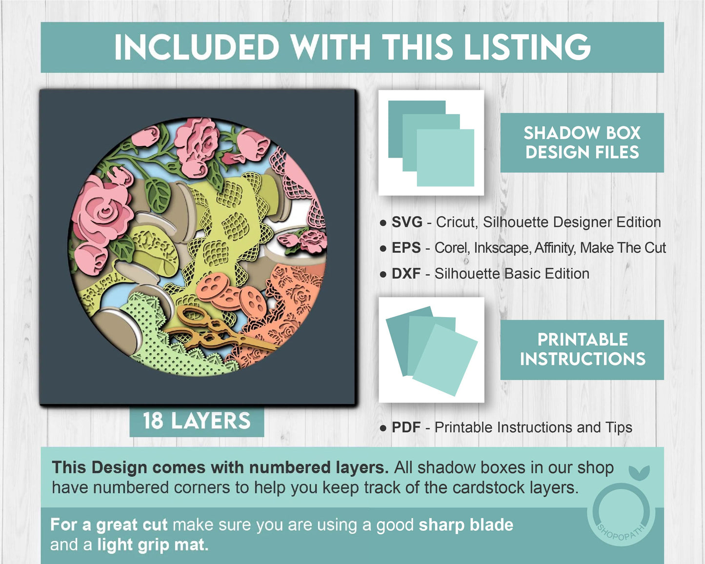 Lace Sewing with Roses - 3D Shadow Box Layered SVG DXF EPS (Cutting Files)