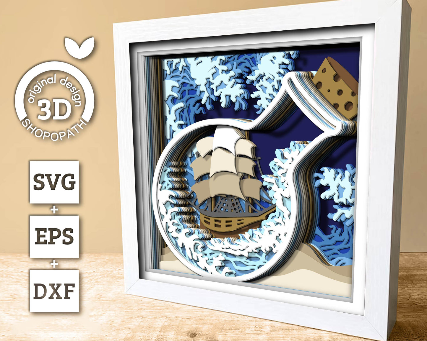 3D SVG Sailing Ship In Bottle Shadow Box, Ship 3D Svg, Beach 3d Svg, Sea 3D svg, Summer 3d Svg, Sailboat 3d svg, Cricut Silhouette