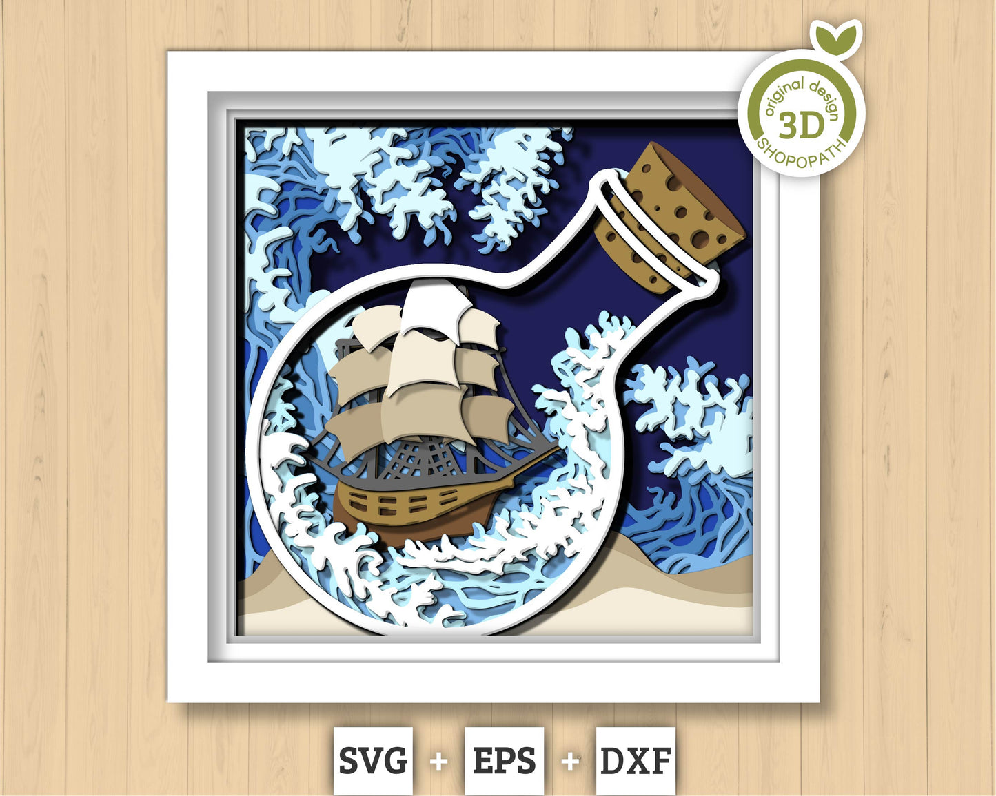 3D SVG Sailing Ship In Bottle Shadow Box, Ship 3D Svg, Beach 3d Svg, Sea 3D svg, Summer 3d Svg, Sailboat 3d svg, Cricut Silhouette