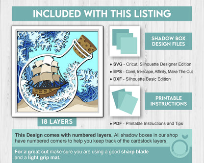 3D SVG Sailing Ship In Bottle Shadow Box, Ship 3D Svg, Beach 3d Svg, Sea 3D svg, Summer 3d Svg, Sailboat 3d svg, Cricut Silhouette