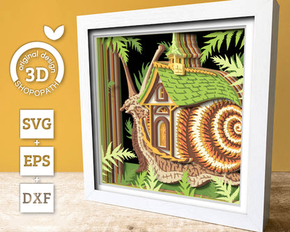 Snail with Cottage House Shell - 3D Shadow Box Layered SVG DXF EPS (Cutting Files)