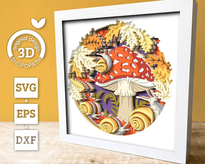 Mushroom with Snails and Foliage - 3D Shadow Box Layered SVG DXF EPS (Cutting Files)