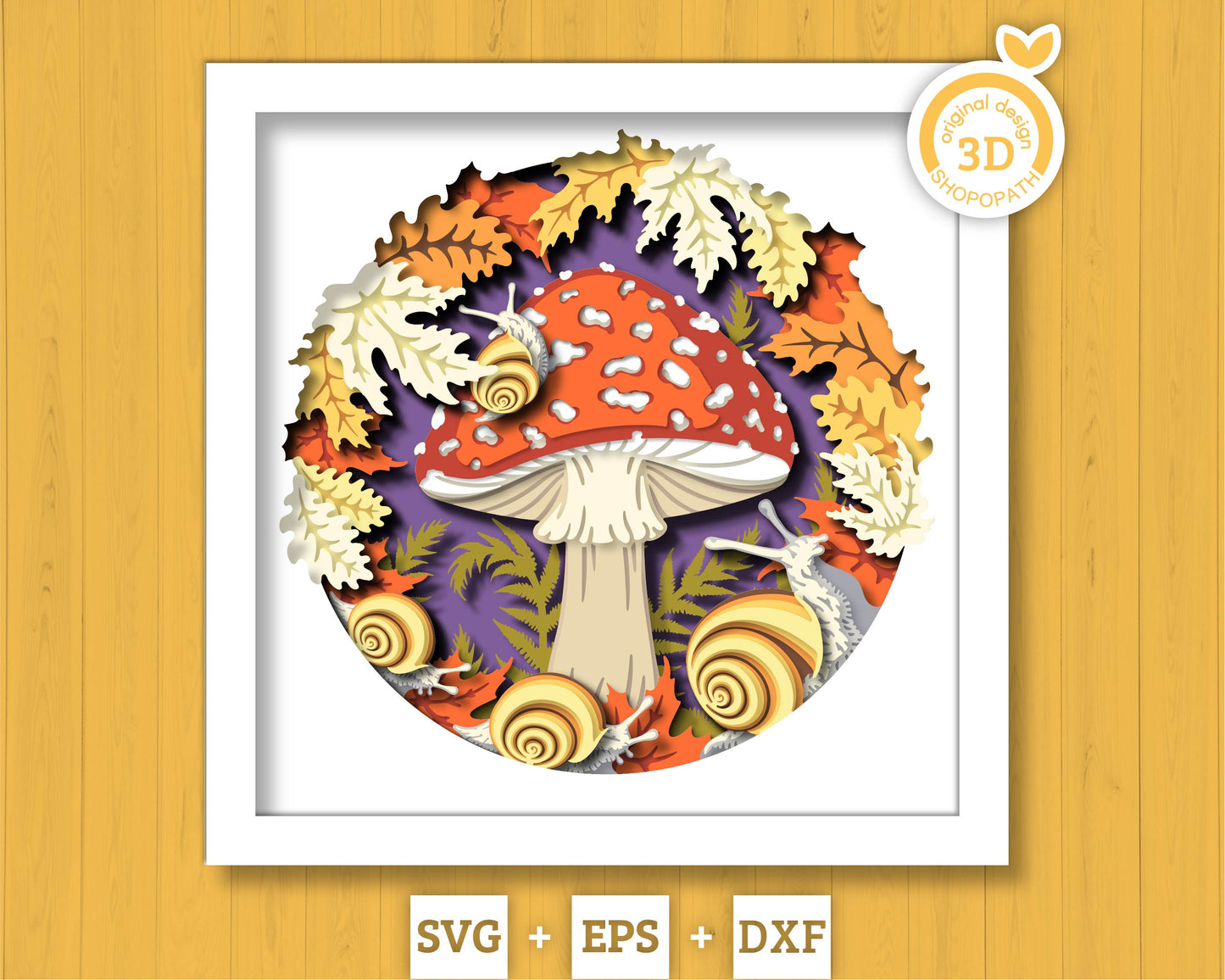 Mushroom with Snails and Foliage - 3D Shadow Box Layered SVG DXF EPS (Cutting Files)