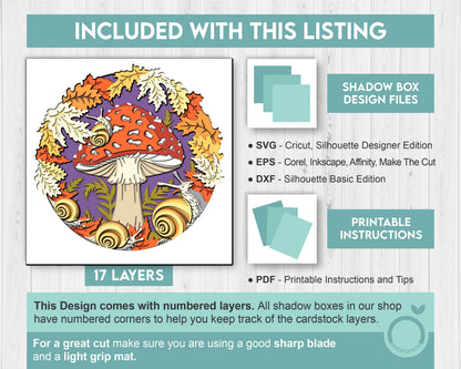 Mushroom with Snails and Foliage - 3D Shadow Box Layered SVG DXF EPS (Cutting Files)