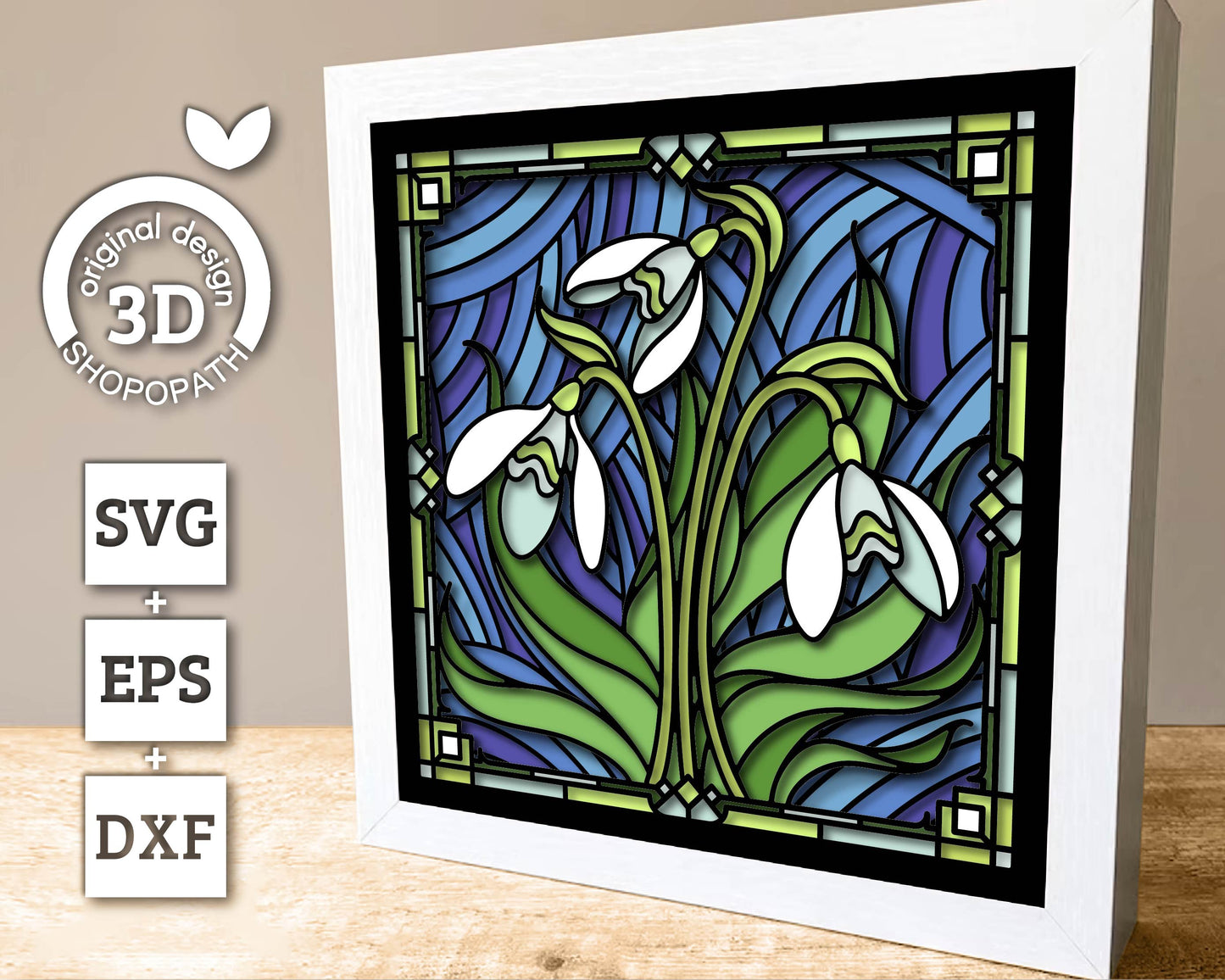 3D SVG Stained Glass Snowdrops Flowers Shadow Box, 3D Flowers svg, 3D Floral Stained Glass Papercut, Shadow Box svg, Cricut Silhouette