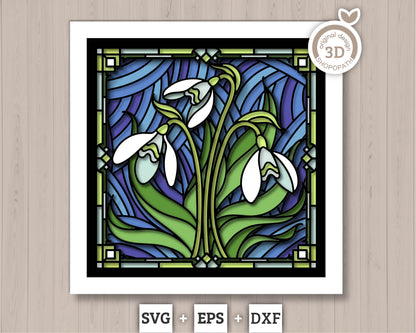 3D SVG Stained Glass Snowdrops Flowers Shadow Box, 3D Flowers svg, 3D Floral Stained Glass Papercut, Shadow Box svg, Cricut Silhouette