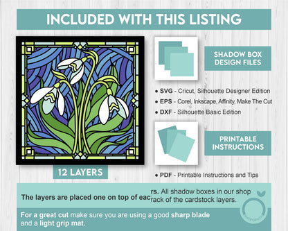 3D SVG Stained Glass Snowdrops Flowers Shadow Box, 3D Flowers svg, 3D Floral Stained Glass Papercut, Shadow Box svg, Cricut Silhouette