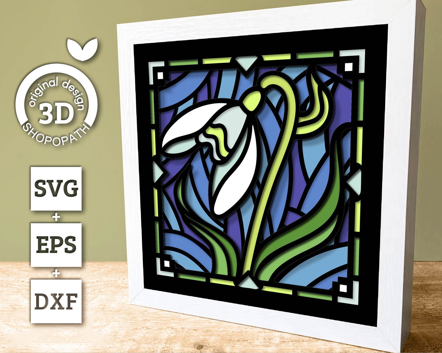 3D SVG Snowdrop Mini Stained Glass Shadow Box, Snowdrop 3D svg, 3D Flowers svg, 3D SVG Stained Glass Spring Shadow Box svg Cricut Silhouette