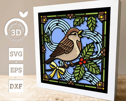 Christmas Sparrow with Musical Notes Stained Glass - 3D Shadow Box Layered SVG DXF EPS (Cutting Files)