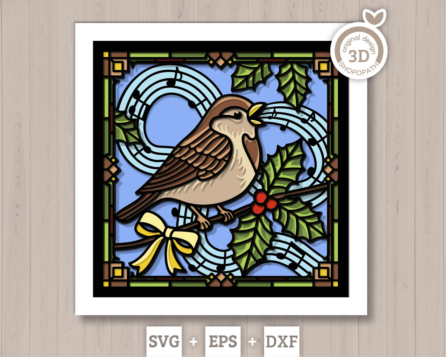 Christmas Sparrow with Musical Notes Stained Glass - 3D Shadow Box Layered SVG DXF EPS (Cutting Files)