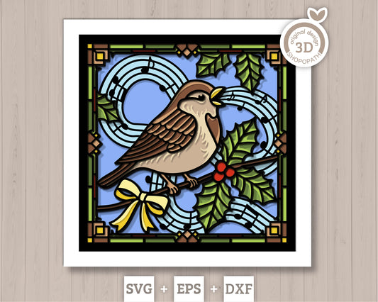Christmas Sparrow with Musical Notes Stained Glass - 3D Shadow Box Layered SVG DXF EPS (Cutting Files)