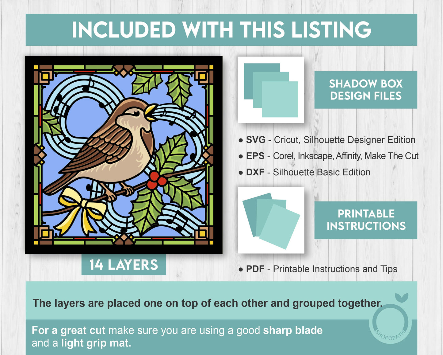 Christmas Sparrow with Musical Notes Stained Glass - 3D Shadow Box Layered SVG DXF EPS (Cutting Files)