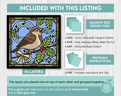 Christmas Sparrow with Musical Notes Stained Glass - 3D Shadow Box Layered SVG DXF EPS (Cutting Files)