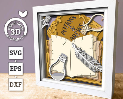 3D SVG Witch Spell Book Shadow Box, Halloween Shadow Box 3D Svg, Layered Spell Book 3D SVG, Layered Potion Bottle 3d SVG, Cricut Silhouette