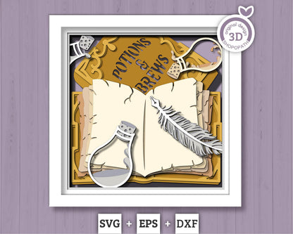 3D SVG Witch Spell Book Shadow Box, Halloween Shadow Box 3D Svg, Layered Spell Book 3D SVG, Layered Potion Bottle 3d SVG, Cricut Silhouette